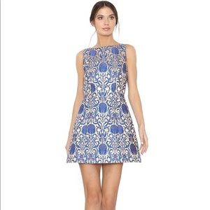 Alice + Olivia Carrie dress — blue gold mini dress